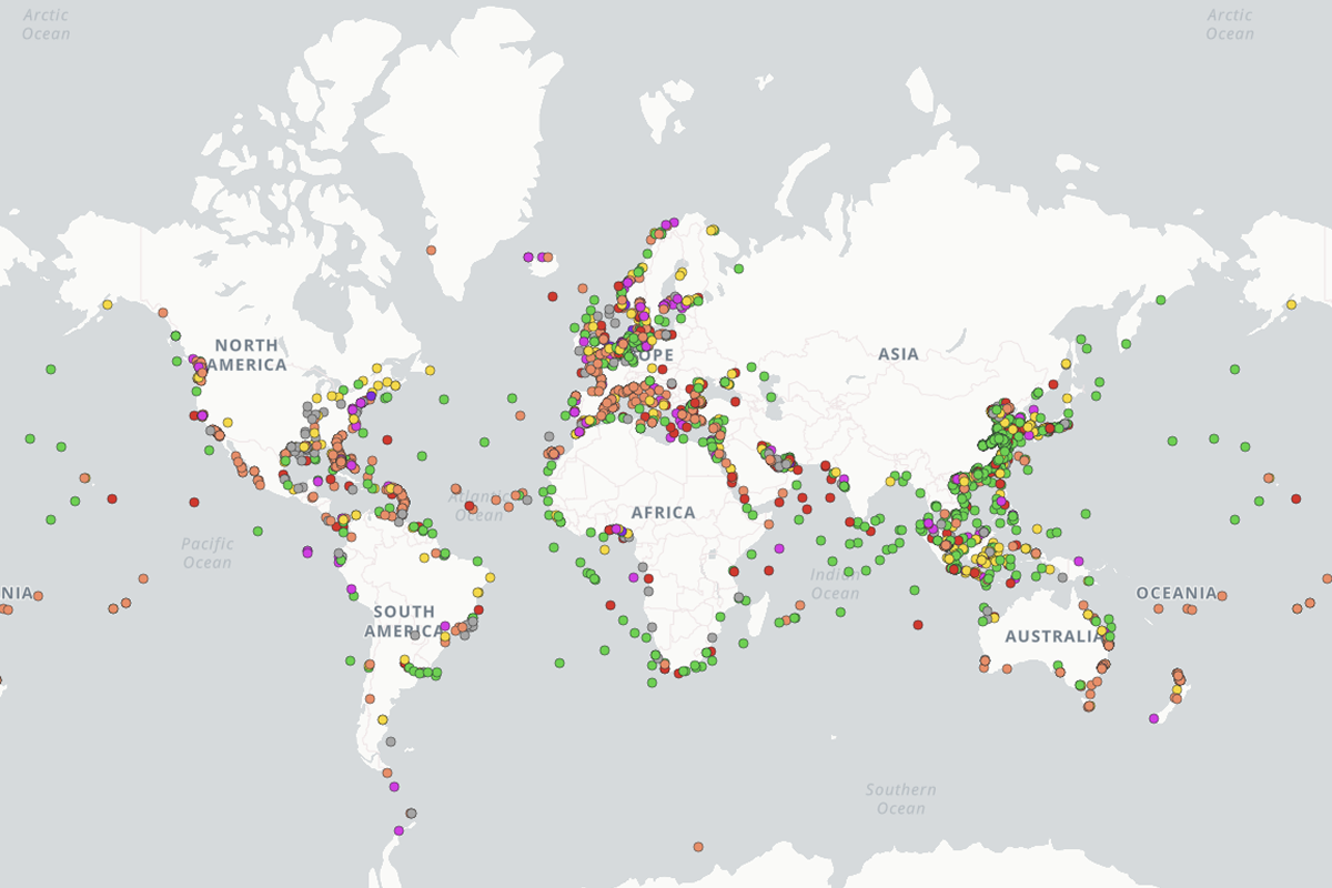 global vessel tracking map interface with ship icons, real-time positions, maritime routes, professional blue theme
